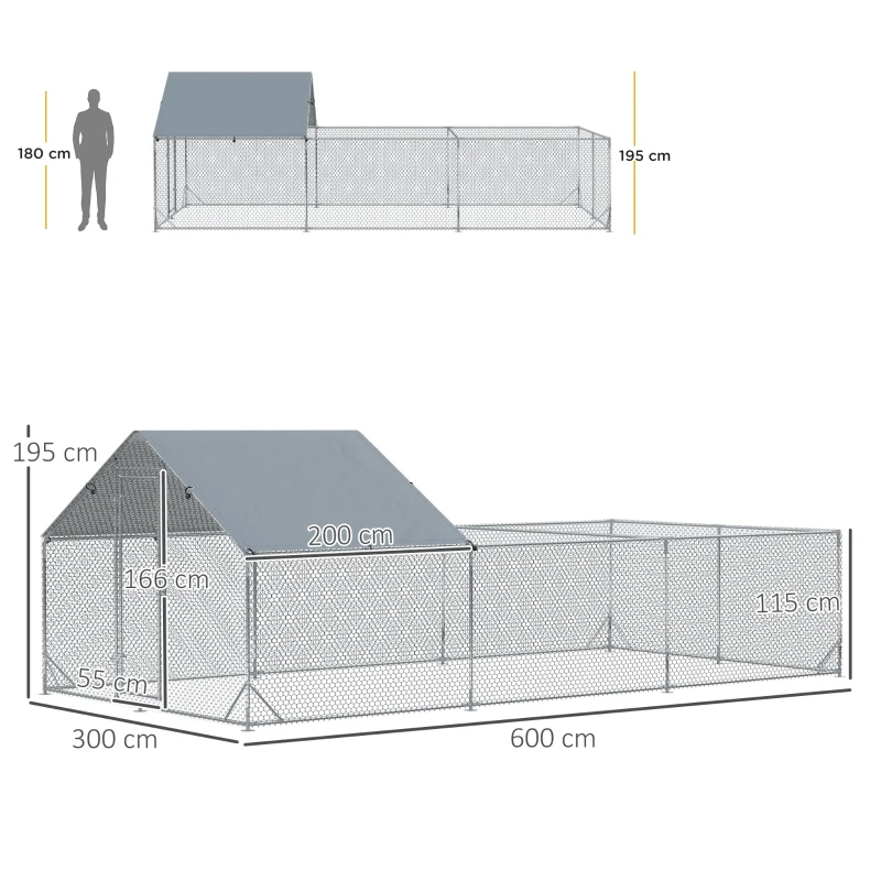 PawHut Cotet de Gaini pentru Gradina pentru 15-18 Gaini, din Otel Zincat si PE cu Copertina si Incuietoare, 600x300x195 cm, Gri Argintiu(m-3)