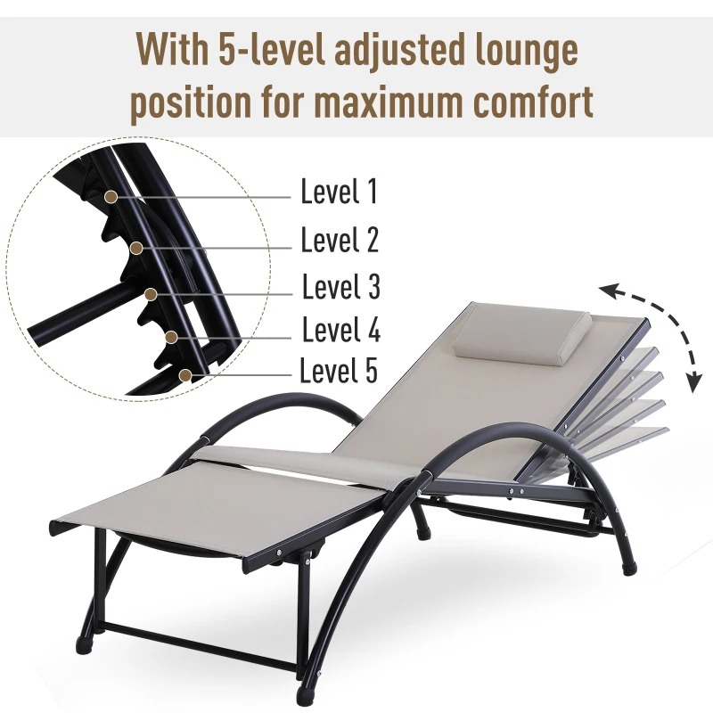 Outsunny Outdoor Lounger Patio Reclining Texteline Chair w/ Pillow, Adjustable Footrest Beige