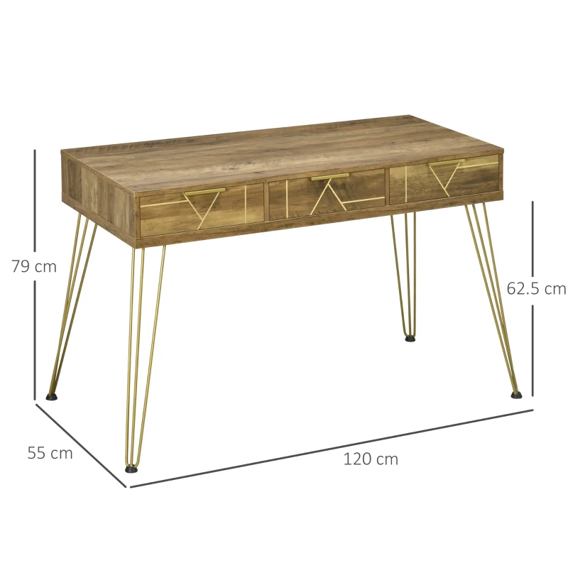 Vinsetto Masa consola pentru hol intrare in stil vintage din PAL si otel cu 3 sertare si picioruse antiderapante, 120x55x79 cm, bronz si auriu