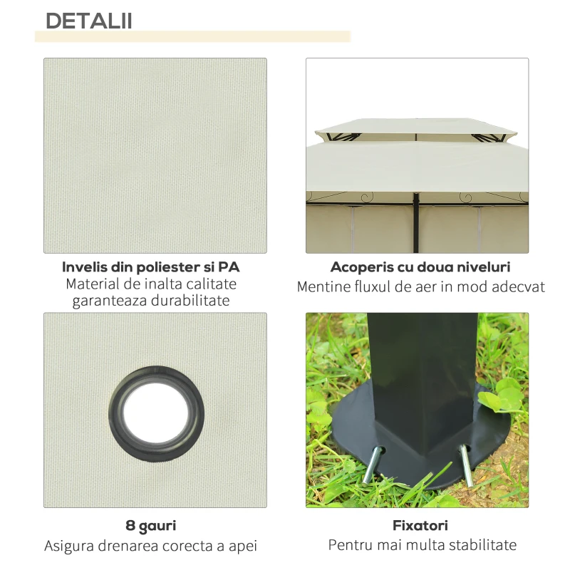 Outsunny Foisor de Gradina 3x4 m cu Perdele si Acoperis cu 2 Niveluri din Otel si Poliester, Alb Crem