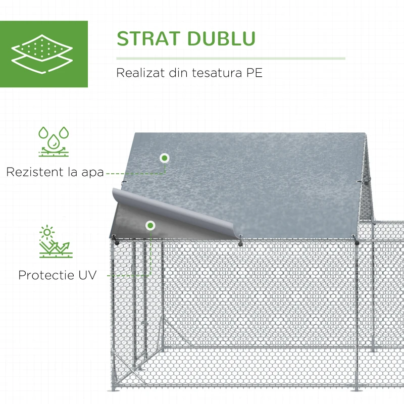 PawHut Cotet de Gaini pentru Gradina pentru 15-18 Gaini, din Otel Zincat si PE cu Copertina si Incuietoare, 600x300x195 cm, Gri Argintiu(m-6)