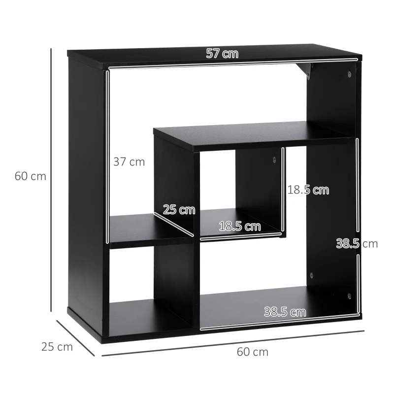 HOMCOM Biblioteca de Perete cu Rafturi  Asimetrice, Etajera de Perete din PAL pentru Casa si birou, 60x25x60cm, Negru