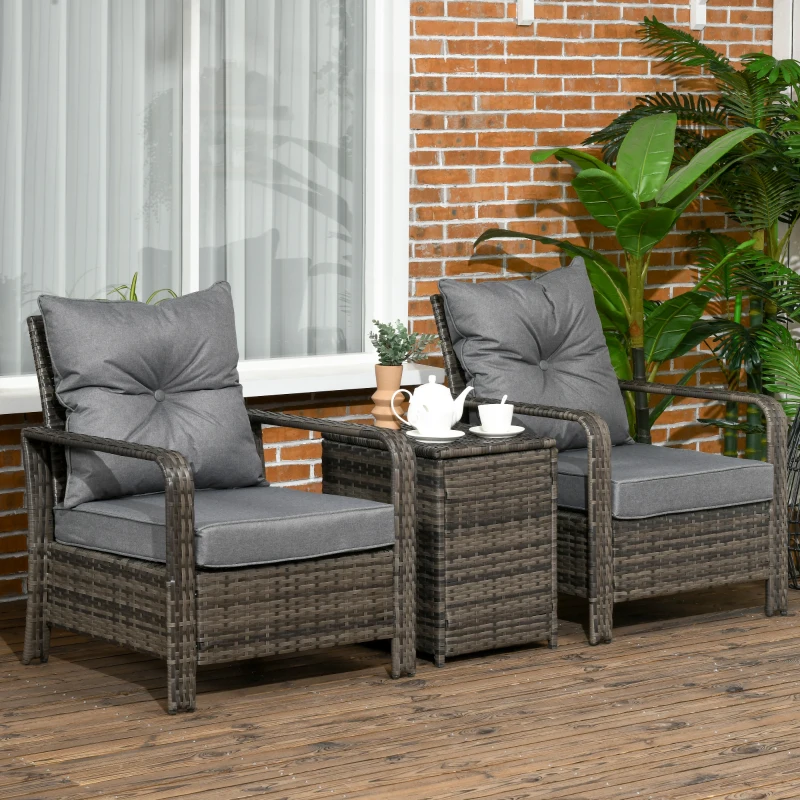 Outsunny 3 Pieces Rattan Bistro Set, Wicker Garden Furniture Set with Storage  Coffee Table and Chairs, Thickened Cushions for Outdoor, Patio, Balcony, Grey