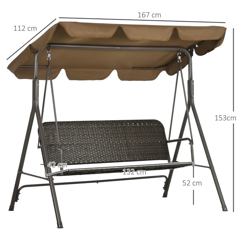 Outsunny Balansoar de gradina cu 3 locuri si acoperis reglabil, balansoar din ratan PE si otel, 167x112x153cm, maro(m-3)
