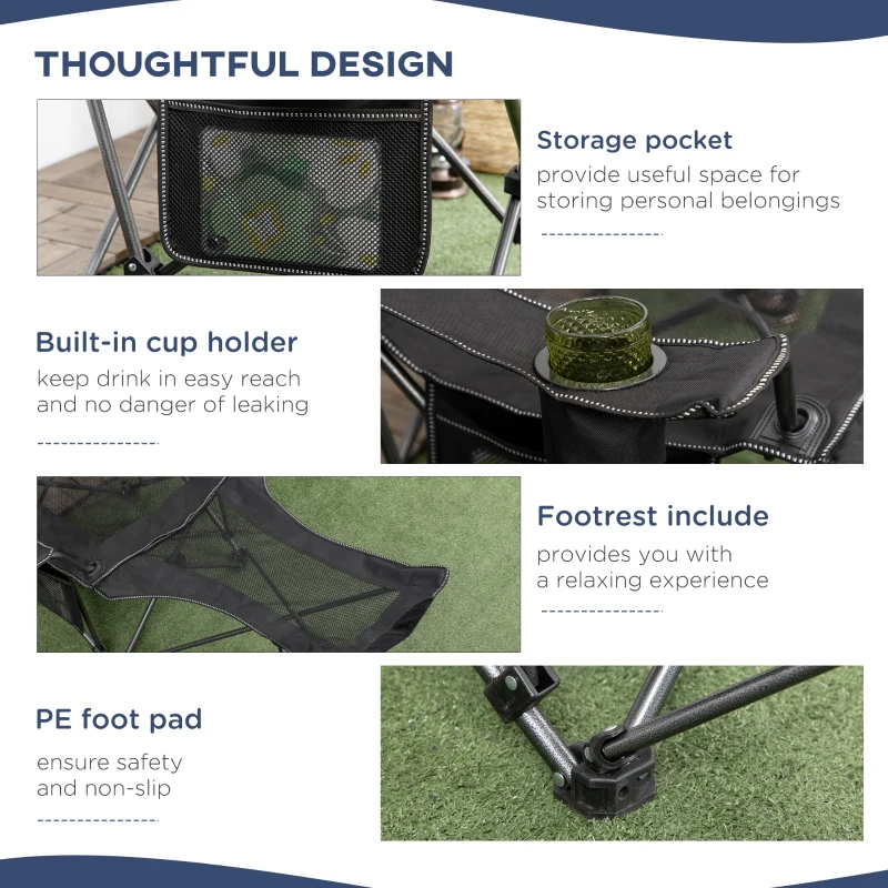 Outsunny Scaun pliant pentru camping cu spatar inclinabil si suport pentru picioare, scaun pliabil cu suport pentru pahare si buzunar, 58x148x90cm, negru