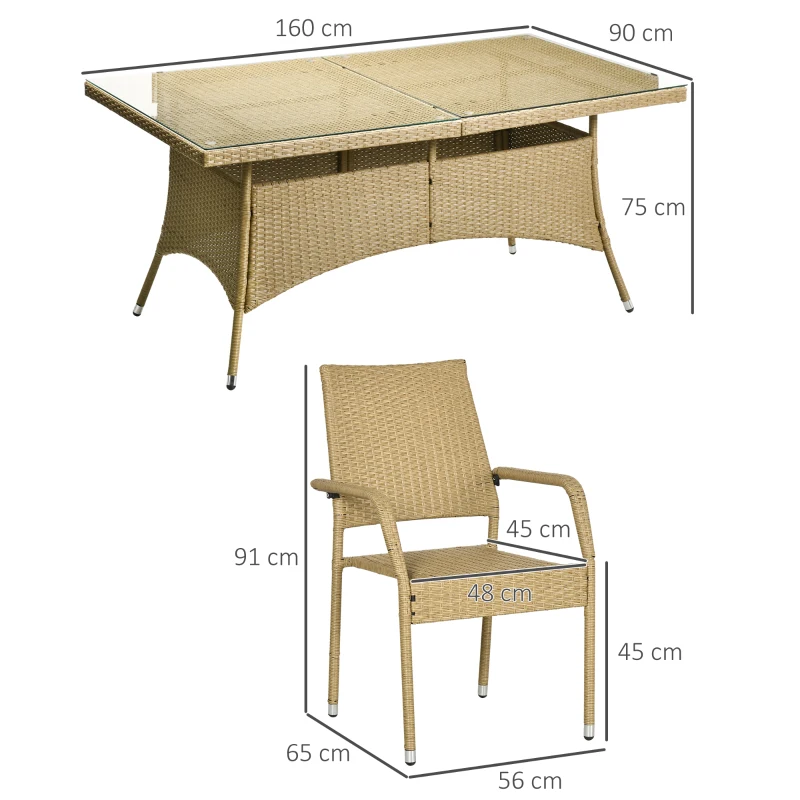 Outsunny Set de Gradina din Ratan de 7 Bucati cu Masa Patrata si 6 Scaune pentru Pranz cu Perne Capitonate, Culoare Nisip si Bej