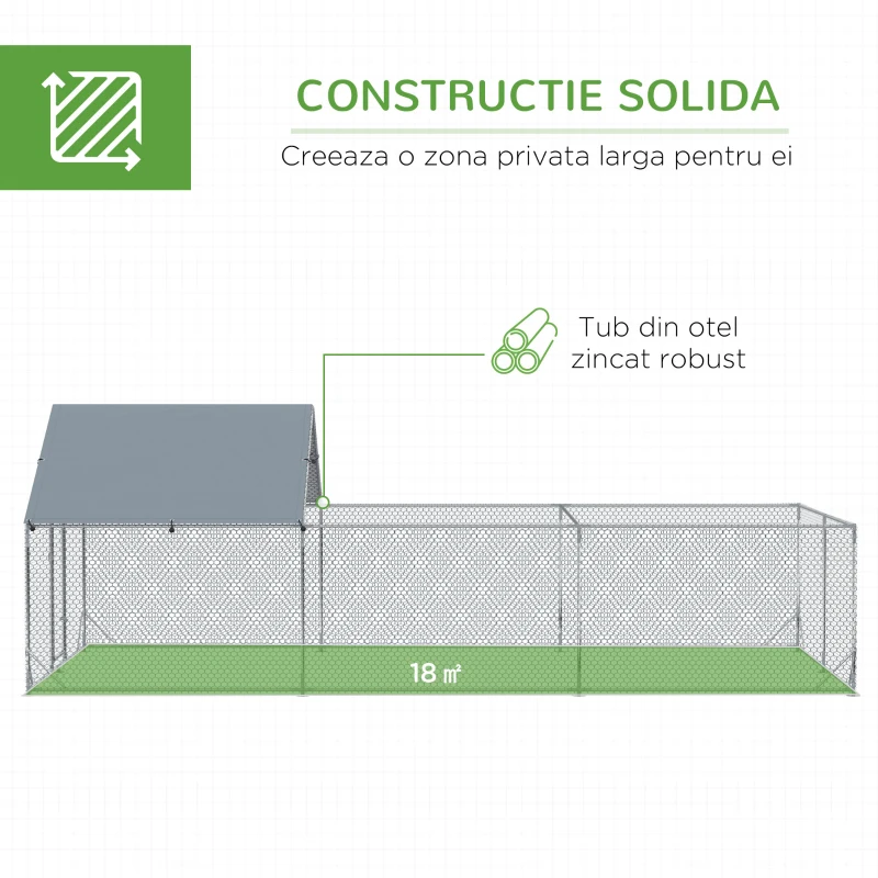 PawHut Cotet de Gaini pentru Gradina pentru 15-18 Gaini, din Otel Zincat si PE cu Copertina si Incuietoare, 600x300x195 cm, Gri Argintiu(m-4)