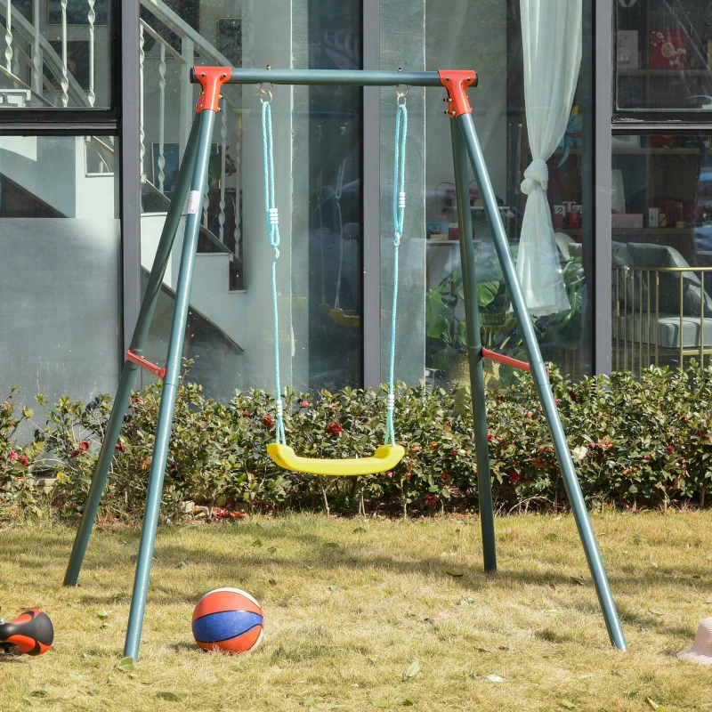 Outsunny Metal Swing Set with Adjustable Rope Backyard Garden Playset for Kids