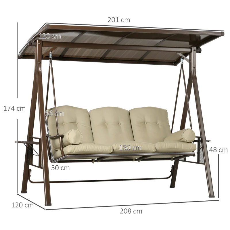 Outsunny Balansoar de Gradina 3 Locuri din Otel si Poliester cu Baldachin Rabatabil din PC si Perne pentru Spatar si Brate, 208x120x174 cm, Maro si Kaki