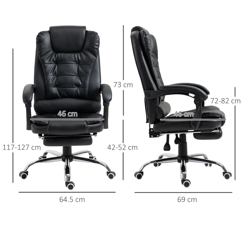 HOMCOM Scaun de Birou din Piele artificiala Neagra Inaltime Reglabila cu Spatar Rabatabil la 145° si Suport pentru Picioare, 64,5x69x117-127 cm