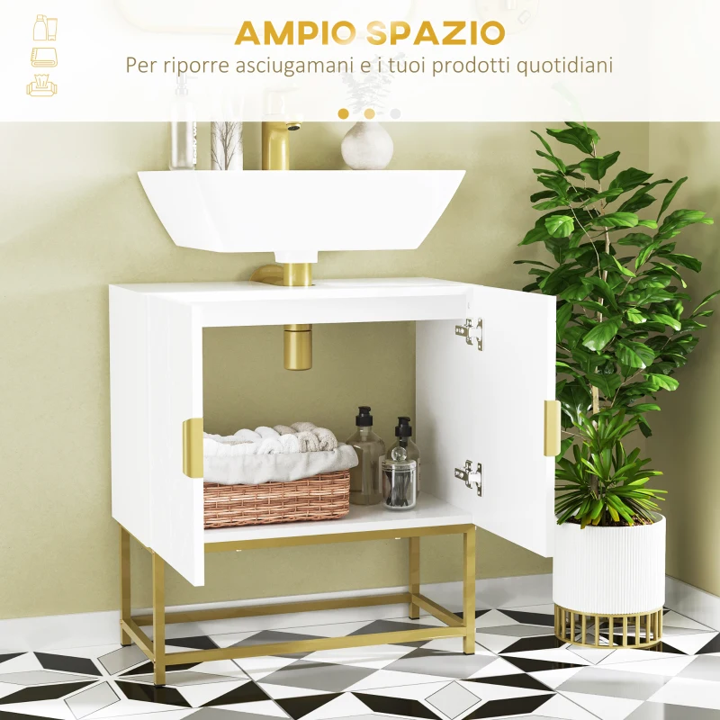 kleankin Mobile Bagno Sottolavabo con Armadietto 2 Ante in Legno e Acciaio, 60x30x65cm, Bianco e Oro