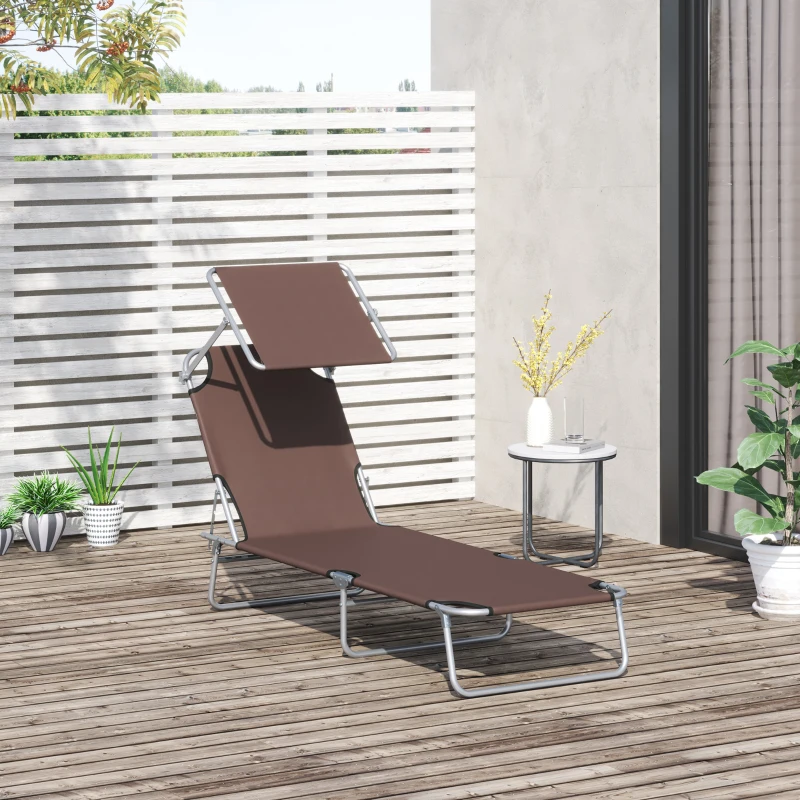 Outsunny Reclining Chair Folding Lounger Seat with Sun Shade Awning Beach Garden Outdoor Patio Recliner Adjustable (Brown)
