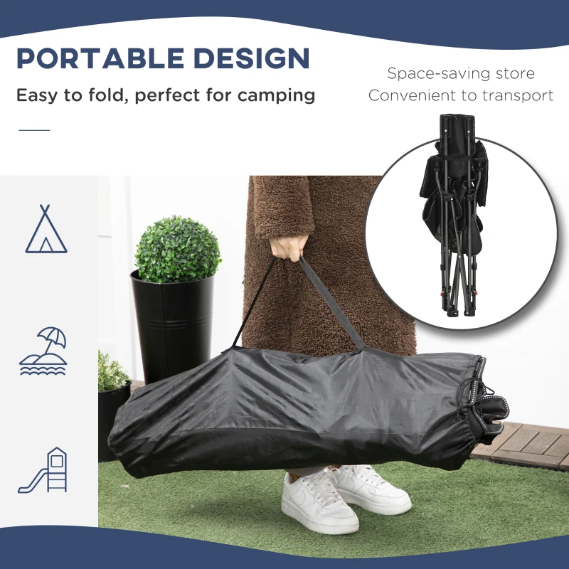 Outsunny Scaun pliant pentru camping cu spatar inclinabil si suport pentru picioare, scaun pliabil cu suport pentru pahare si buzunar, 58x148x90cm, negru