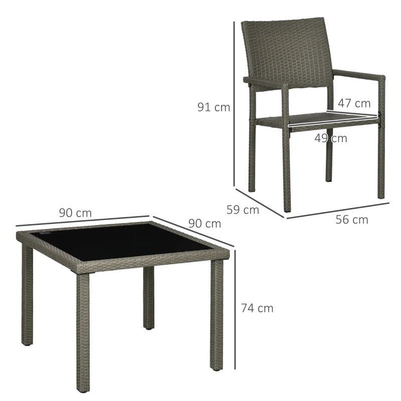 Outsunny Set de Exterior din Ratan PE de 5 Piese, Masa de Gradina cu Blat din Sticla si  4 Scaune cu Perne, Gri