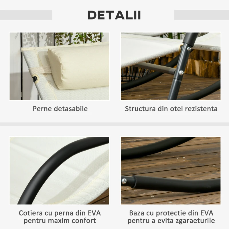 Outsunny Scaun Balansoar de Gradina din Otel cu Cotiere si Tetiera Detasabile, 67x144x87 cm, Gri si Bej