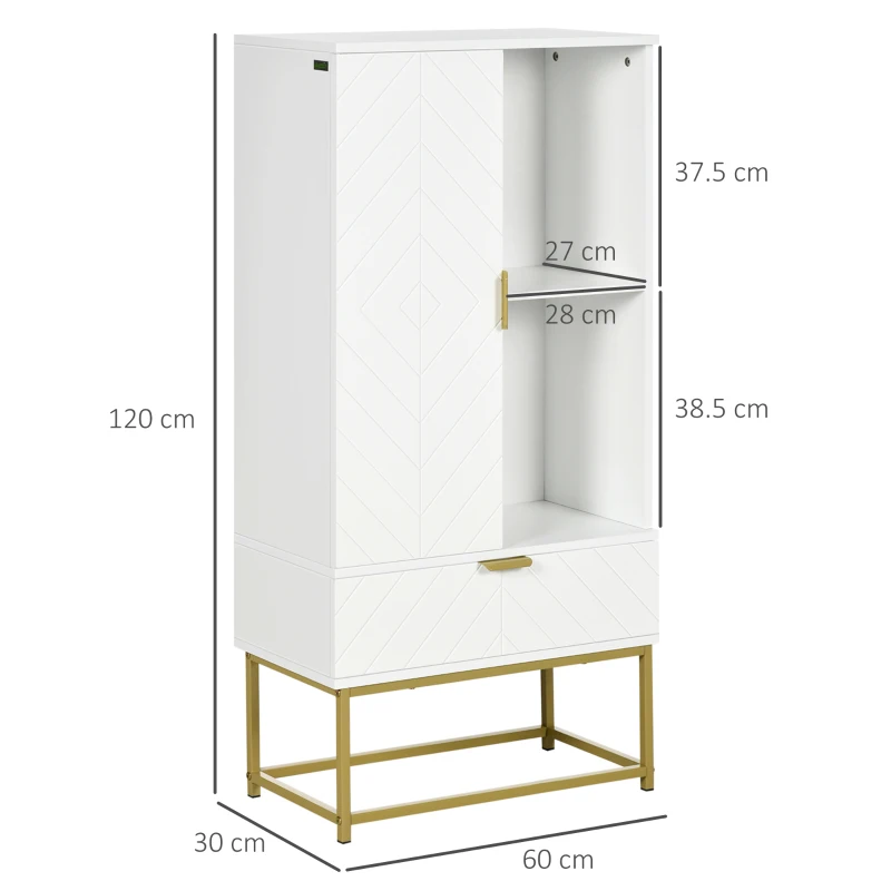 Kleankin Mobilier de baie cu dulap si sertar, mobilier de baie modern cu etajera reglabila, 60x30x120cm, alb