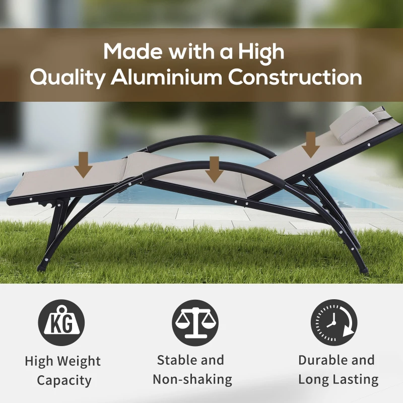 Outsunny Outdoor Lounger Patio Reclining Texteline Chair w/ Pillow, Adjustable Footrest Beige