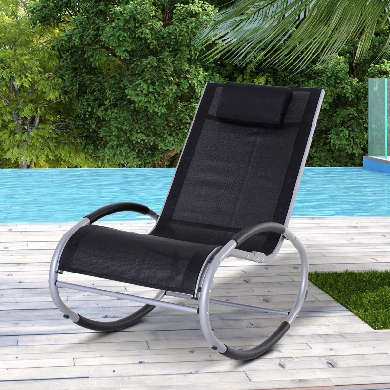 Outsunny Garden Rocking Lounge Zero Gravity Chaise Wave Lounger Seat w/ Pillow Black