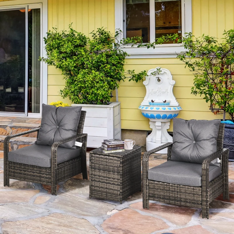 Outsunny 3 Pieces Rattan Bistro Set, Wicker Garden Furniture Set with Storage  Coffee Table and Chairs, Thickened Cushions for Outdoor, Patio, Balcony, Grey