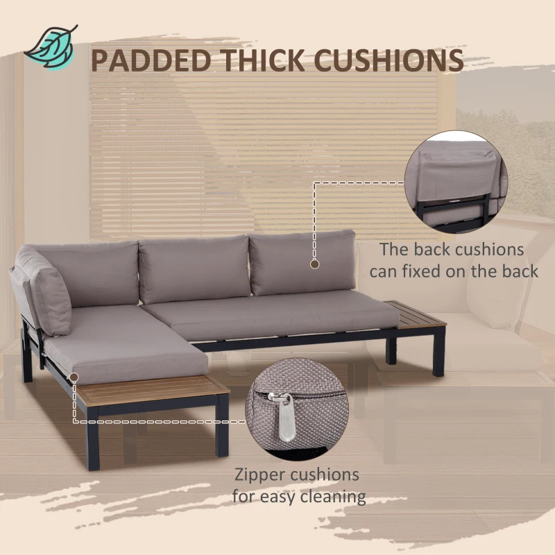 Outsunny 3Pcs Aluminium Frame Garden Lounging Set w/ Sofa Chaise Lounge Coffee Table Foam Cushions