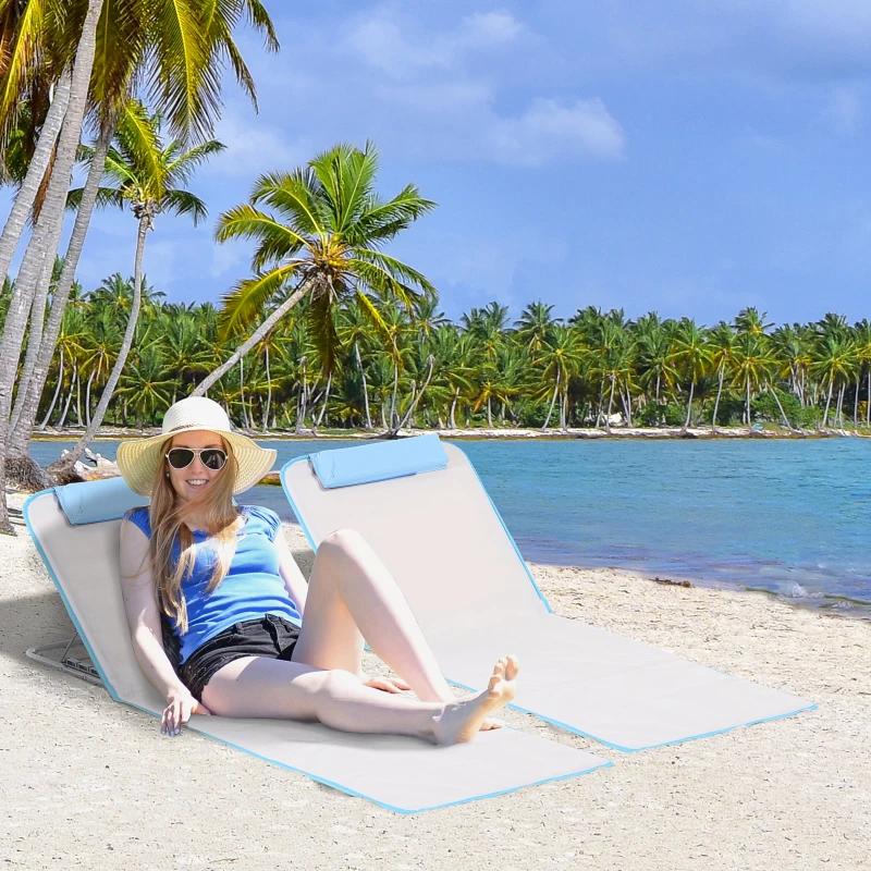 Outsunny 2 Pieces Outdoor Lounger Beach Mat Patio Steel Reclining Chair Set w/ Pillow Sunbath Beige