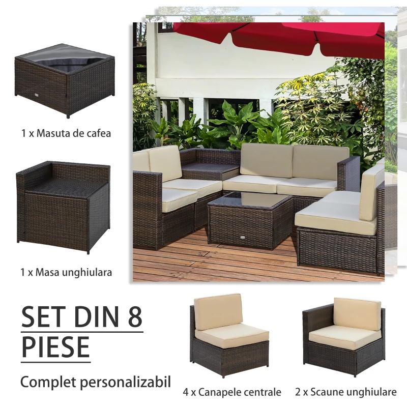 Outsunny Set de Gradina 8 Piese cu 4 Fotolii, 2 Fotolii de colt si 2 Masute pentru Gradina din Ratan Maro