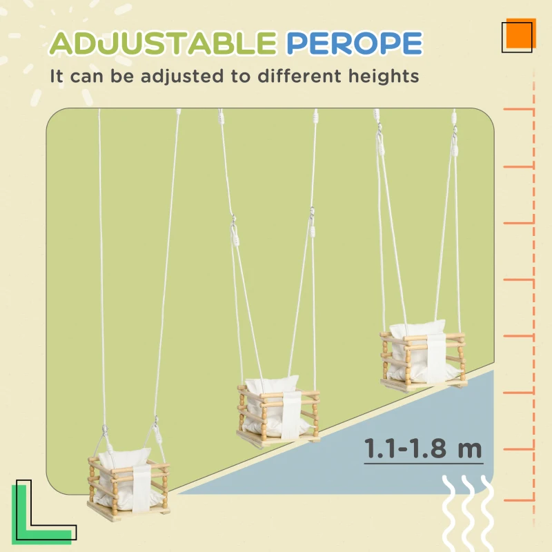 AIYAPLAY Leagan pentru copii 9-36 luni din lemn si bumbac, pentru spatii interioare si exterioare cu franghie reglabila si perna detasabila, 30x30x110-180 cm, culoarea lemnului si alb