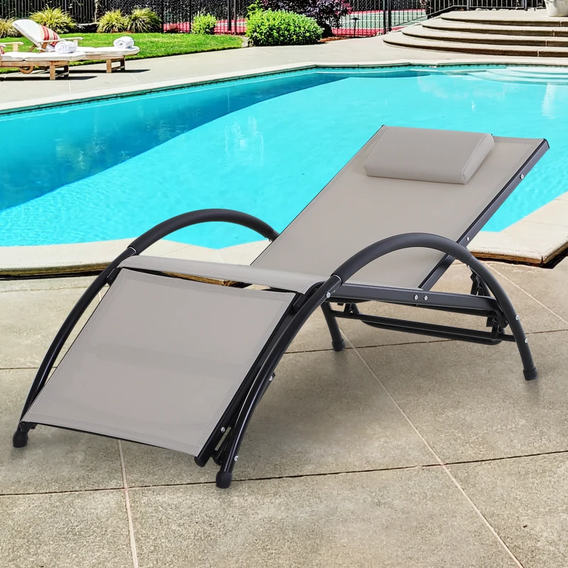 Outsunny Outdoor Lounger Patio Reclining Texteline Chair w/ Pillow, Adjustable Footrest Beige