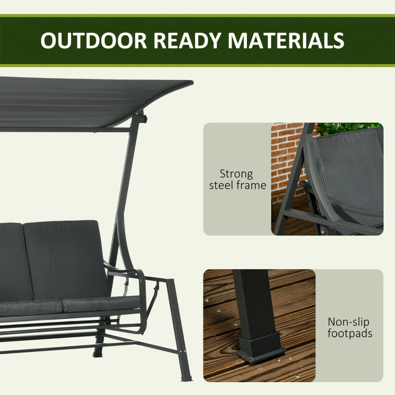 Balansoar pentru gradina cu 2 locuri, din otel cu acoperis inclinabil si perne cu husa detasabila, 148x129x172 cm, negru si gri