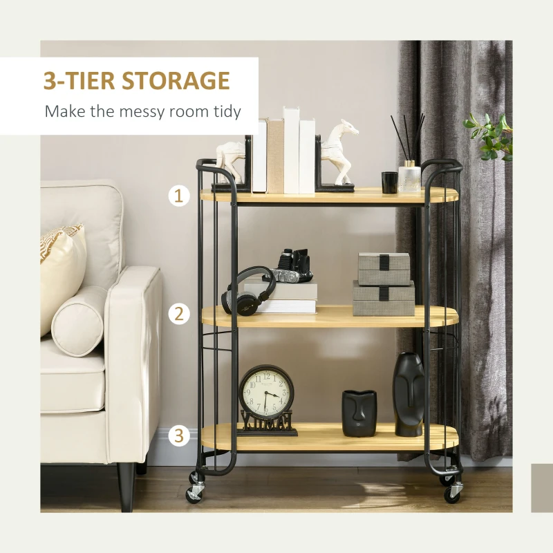 HOMCOM Carucior de Bucatarie Multifunctional pe 3 Niveluri din PAL si Otel cu Maner si 4 Roti, 79x38x95 cm, culoare Lemn natur