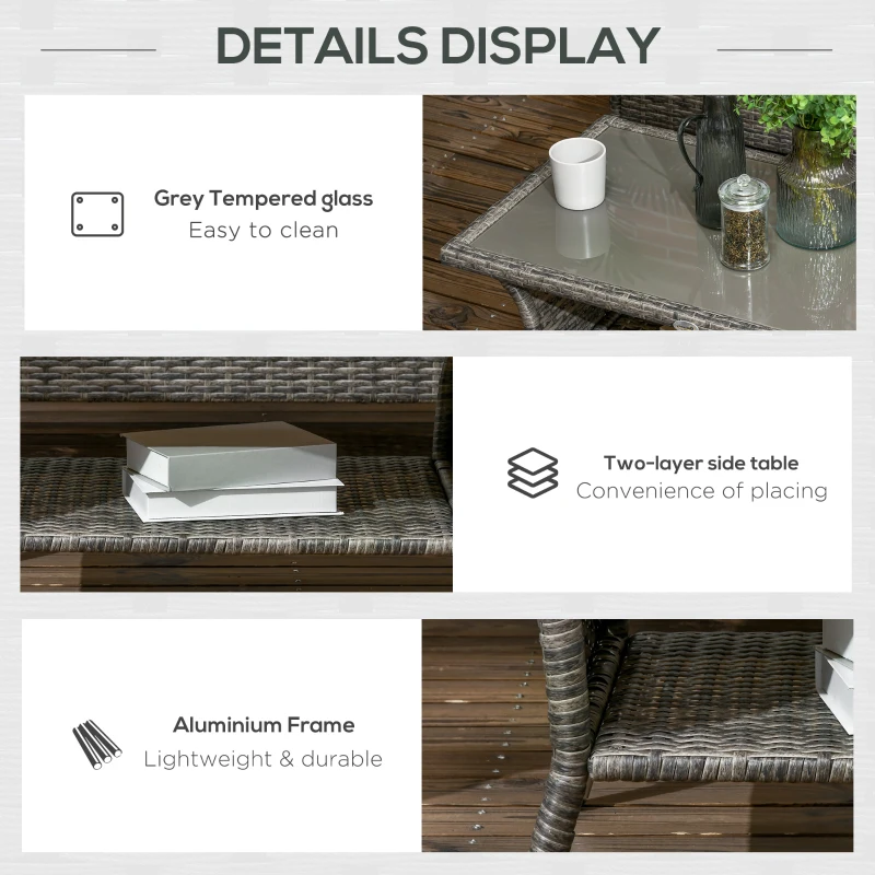 Outsunny Set de Gradina 4 Bucati Gri din Ratan PE si Otel, Masuta de Cafea pe 2 Nivele, Canapea de Exterior si 2 Scaune Moderne cu Sezuta Capitonata