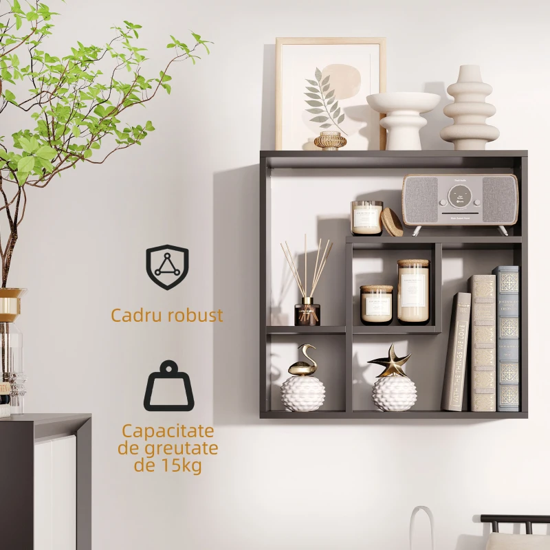 HOMCOM Biblioteca de Perete cu Rafturi  Asimetrice, Etajera de Perete din PAL pentru Casa si birou, 60x25x60cm, Negru