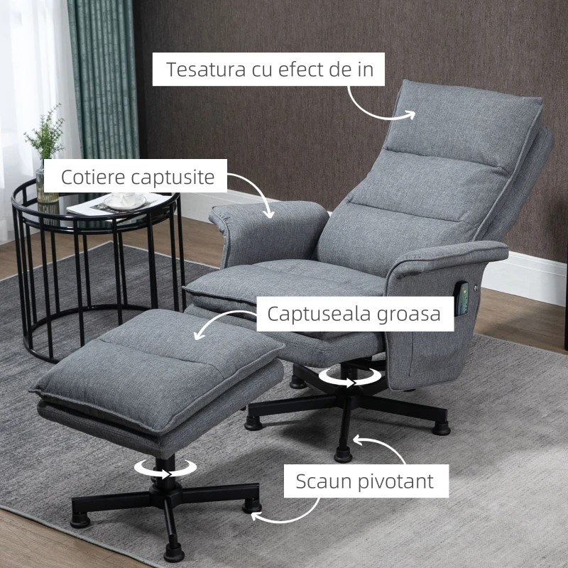 HOMCOM Fotoliu Pivotant si Suport pentru Picioare, Fotoliu de Masaj Tapitat cu Telecomanda, Cronometru si Baza din Otel, Gri