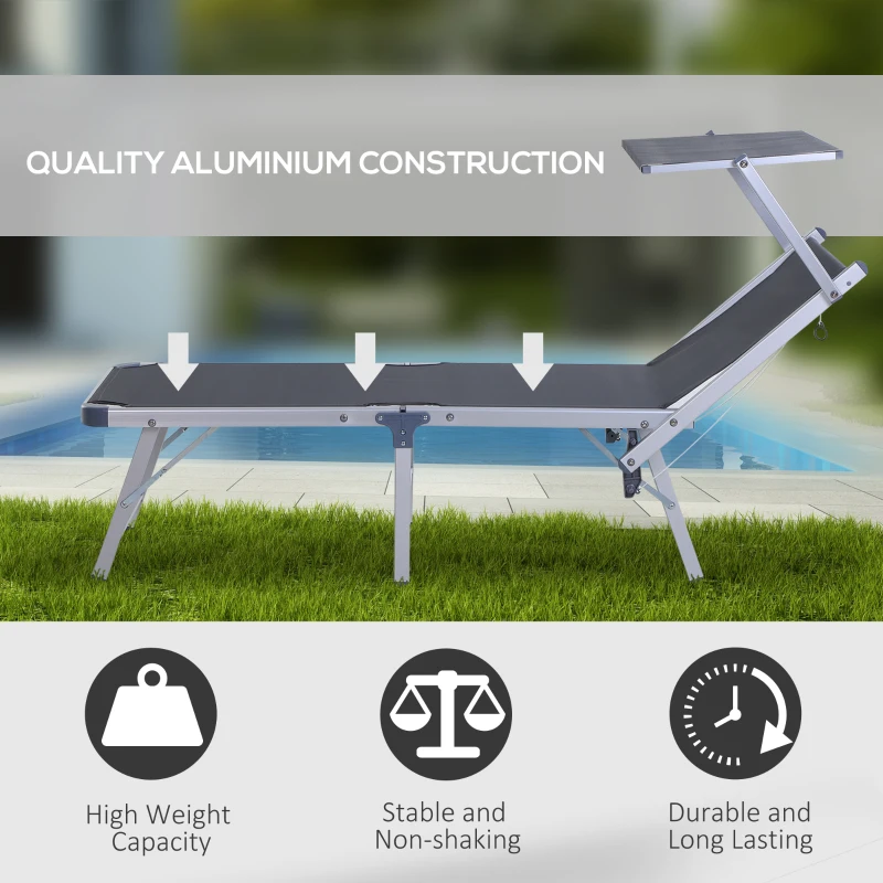Outsunny Garden Sun Lounger Texteline Chaise Lounge Reclining Chair with Canopy Adjustable Backrest Bed Aluminium Frame - Grey