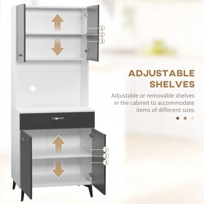 HOMCOM Dulap de Bucatarie, Dulap de Depozitare Independent cu Usi Lucioase Intens, Rafturi Reglabile si Sertar pentru Camera de Zi, Camera de Luat Masa, 177cm, Gri