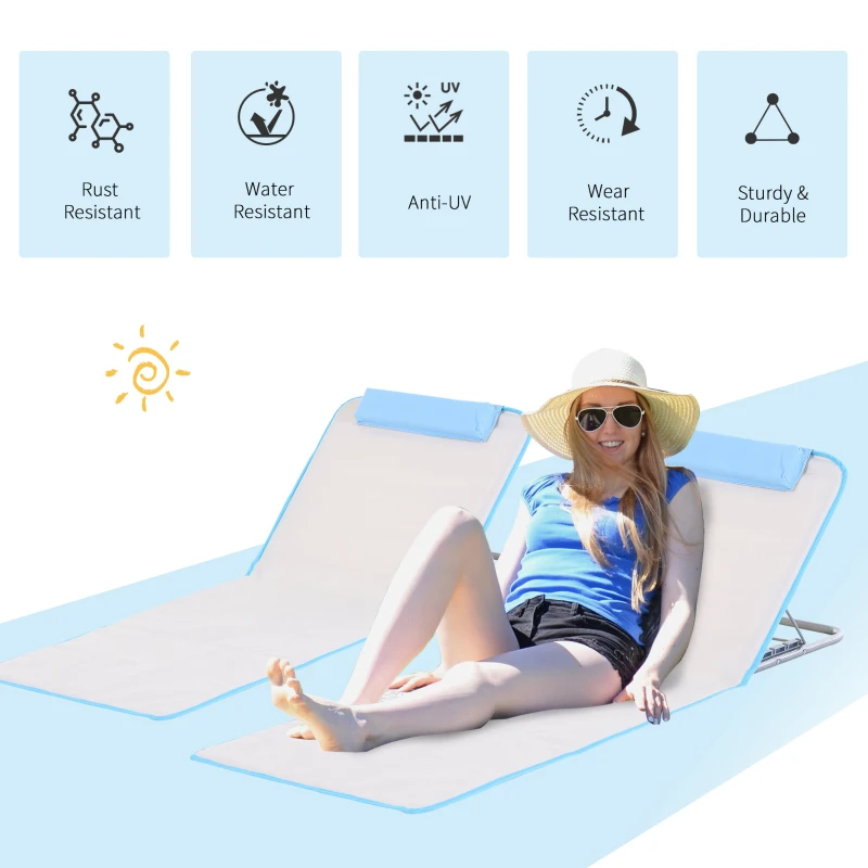 Outsunny 2 Pieces Outdoor Lounger Beach Mat Patio Steel Reclining Chair Set w/ Pillow Sunbath Beige