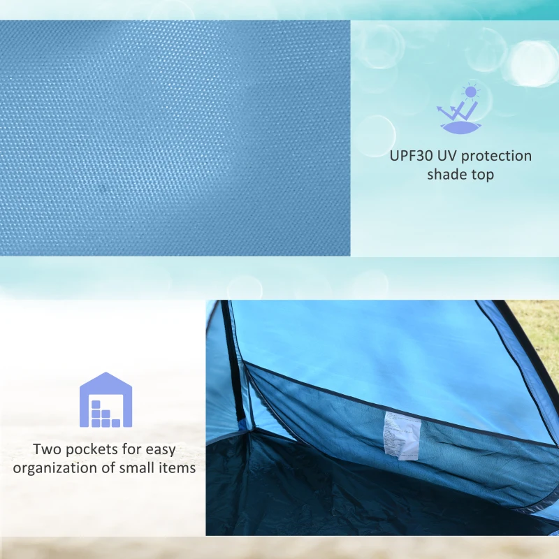 Outsunny Cort Pop up pentru 2-3, Cort de Plaja, Adapost de Soare cu protectie solara UPF30, Doua Podele Extensibile, Buzunare Interioare de Depozitare si Geanta de Transport