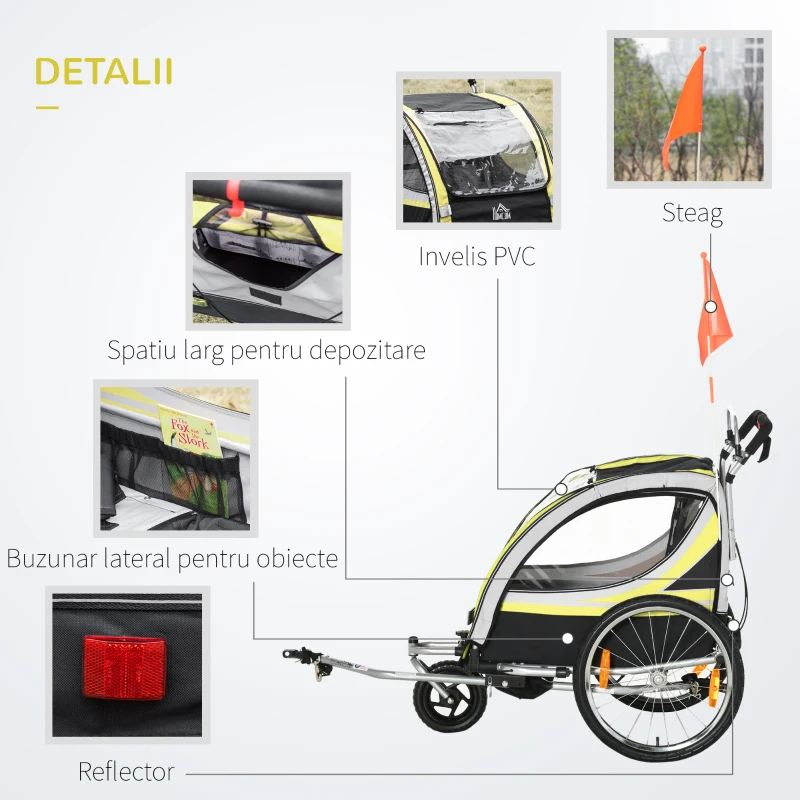 HOMCOM Remorca pentru bicicleta pentru copii 2 in 1, centura in 5 puncte, geanta de depozitare, reflector, steag, galben(m-7)