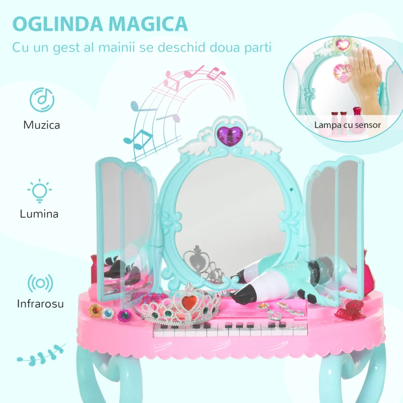 HOMCOM 2 in 1 cu pian muzical, masa de machiaj cu 32 de piese, jucarie pentru copii, cu kit de frumusete, oglinda, scaun, lumina, pentru 3-6 ani, roz+albastru