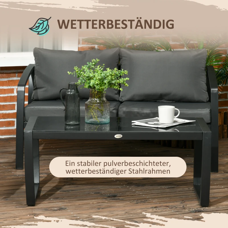 Outsunny Gartenmöbel-Set für 4 Personen, 1 Glastisch, 1 Sofa, 2 Sessel, wetterbeständig, Grau +Schwarz