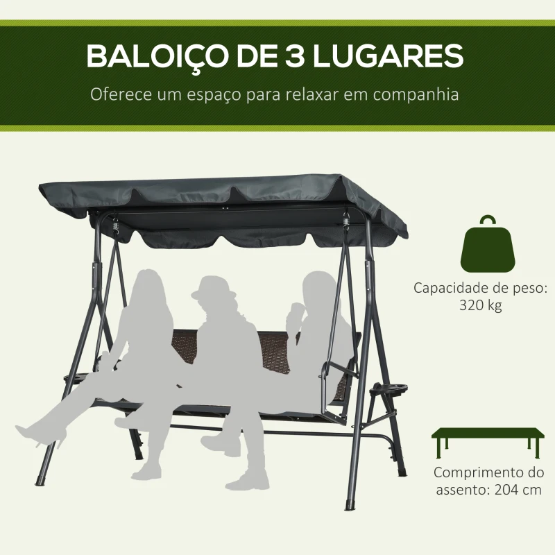 Outsunny Baloiço de Jardim de 3 Lugares com Toldo Ajustável Assento de Vime 2 Suporte para Capos 2 Bandejas 204x112x150 cm Cinza