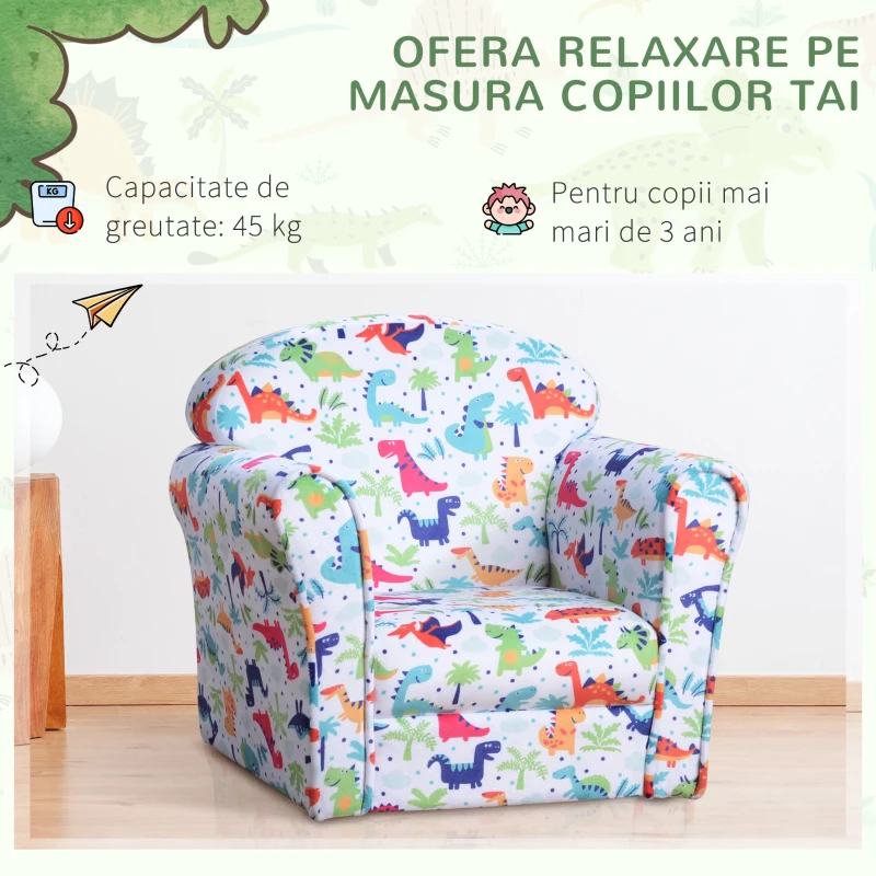 HOMCOM Fotoliu Mini pentru Copii Alb cu Dinozauri Colorati
