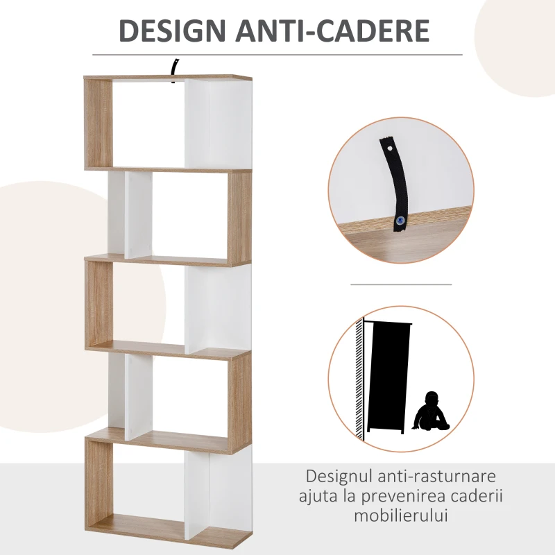 Homcom Biblioteca Perete – 5 Rafturi Lemn Alb 60×24×184,5 cm