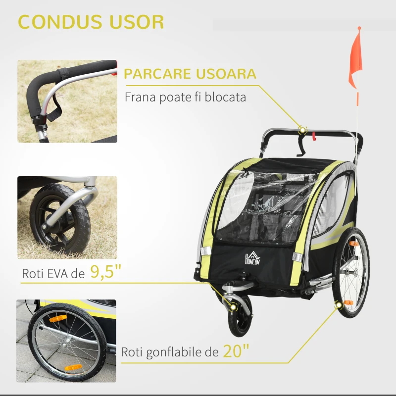 HOMCOM Remorca pentru bicicleta pentru copii 2 in 1, centura in 5 puncte, geanta de depozitare, reflector, steag, galben(m-5)