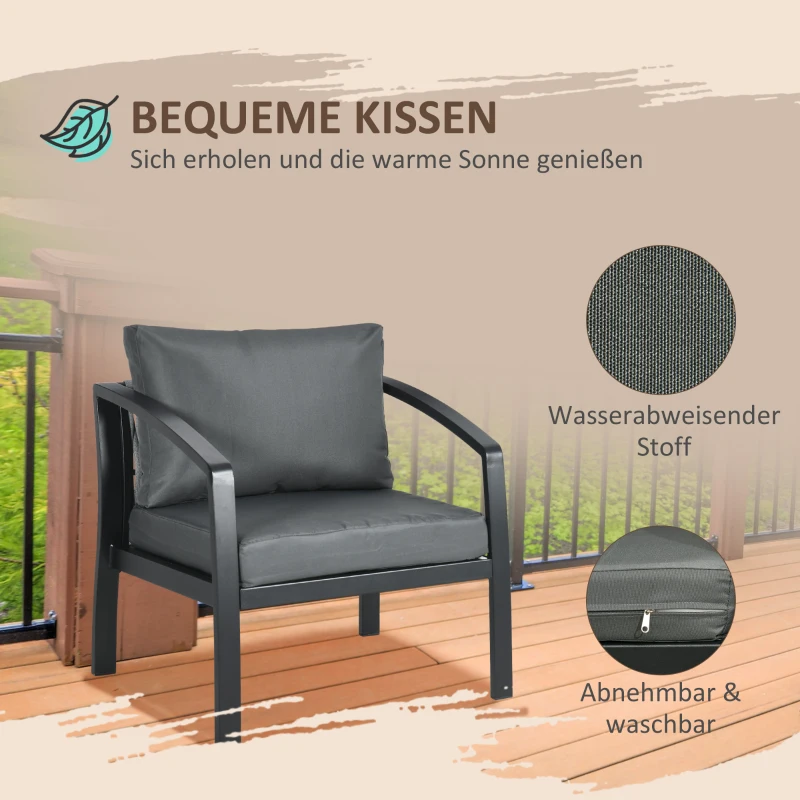 Outsunny Gartenmöbel-Set für 4 Personen, 1 Glastisch, 1 Sofa, 2 Sessel, wetterbeständig, Grau +Schwarz