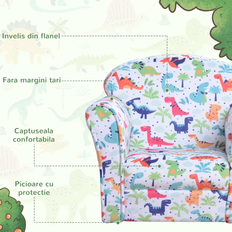 HOMCOM Fotoliu Mini pentru Copii Alb cu Dinozauri Colorati