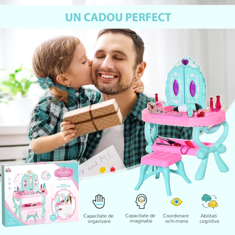 HOMCOM 2 in 1 cu pian muzical, masa de machiaj cu 32 de piese, jucarie pentru copii, cu kit de frumusete, oglinda, scaun, lumina, pentru 3-6 ani, roz+albastru