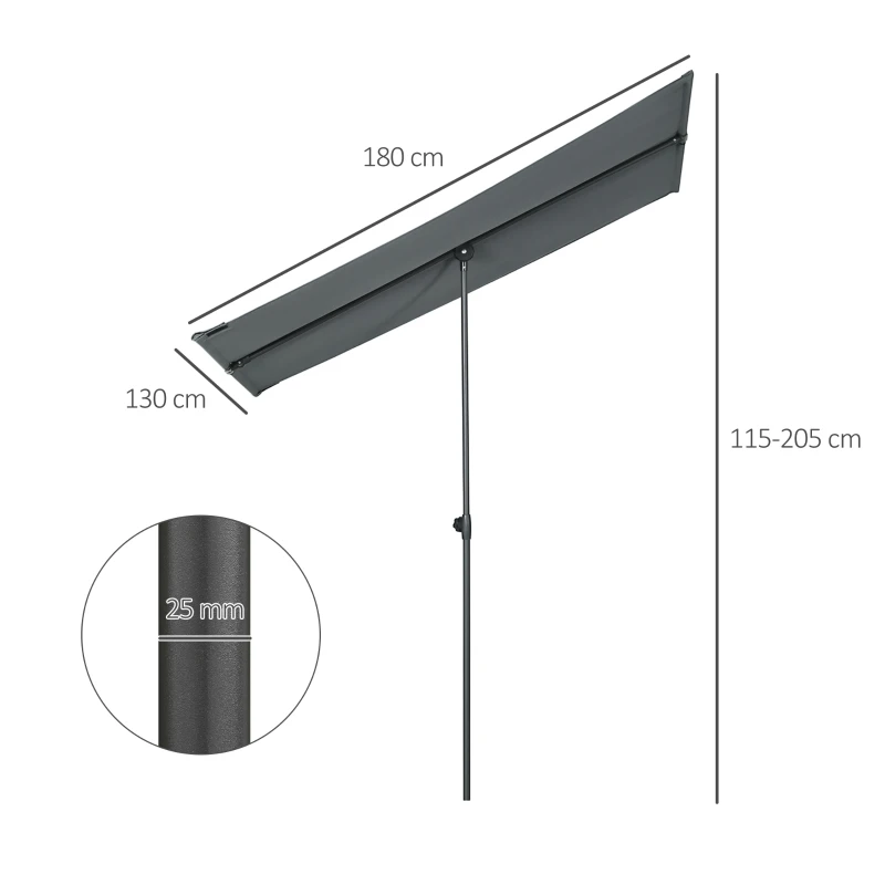 Outsunny Parasol de jardin inclinable auvent plat hauteur réglable polyester Anti-UV dim. 180L x 130l x 115-205H cm gris foncé