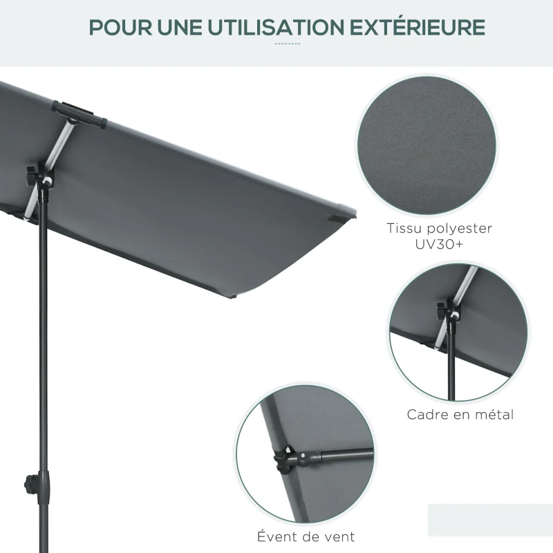 Outsunny Parasol de jardin inclinable auvent plat hauteur réglable polyester Anti-UV dim. 180L x 130l x 115-205H cm gris foncé
