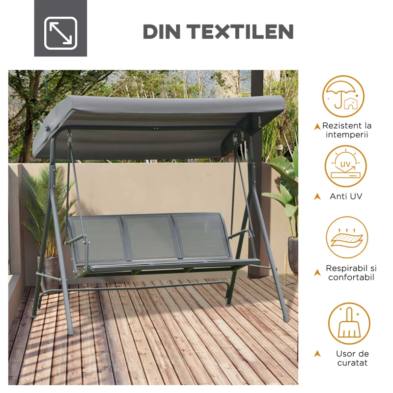 Outsunny leagan 3 locuri, cu acoperis, 178x111x155cm gri